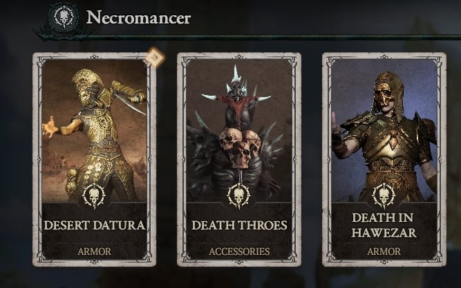 The Necromancer section on the Diablo 4 shop page showing three items for purchase.