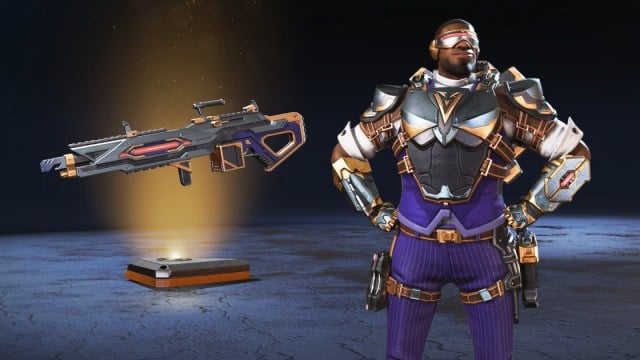 Legendary Newcastle and Spitfire skins from Apex Legends' Dressed to Kill event. Newcastle's armor is scaled back and he's given purple slack and a waistcoat underneath.