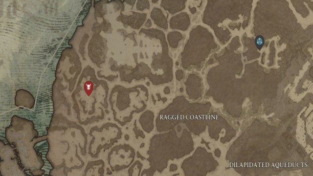 The location of Nine-Eyes shown on the Diablo 4 map, west of the Iron Wolves Encampment.