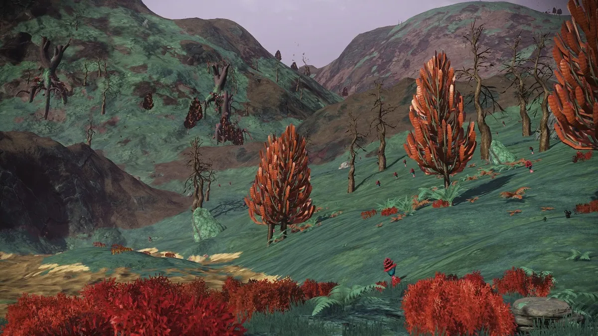 An image of the landscape of the Marsh planet type in No Man's Sky.