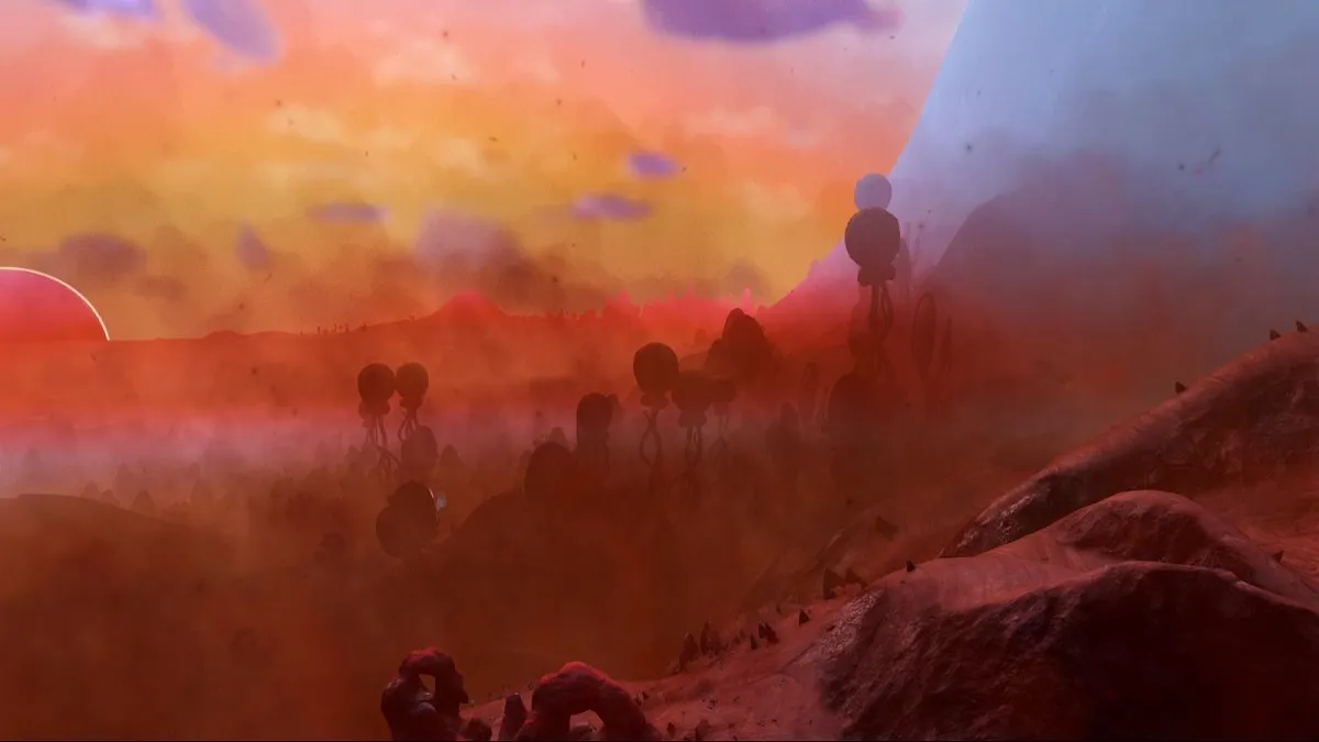 An image of the landscape of the Scorched planet type in No Man's Sky.
