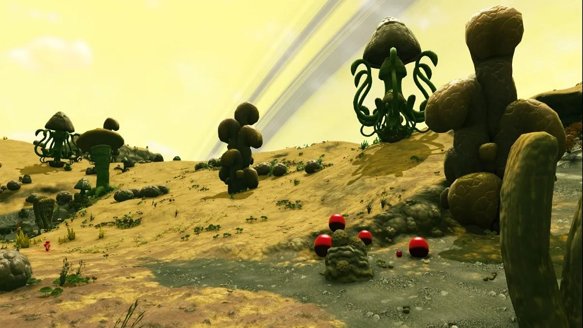 An image of the landscape of the Toxic planet type in No Man's Sky.