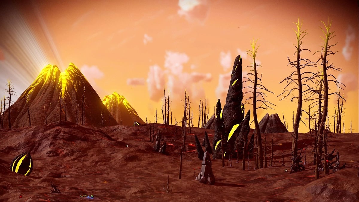 An image of the landscape of the Volcanic planet type in No Man's Sky.