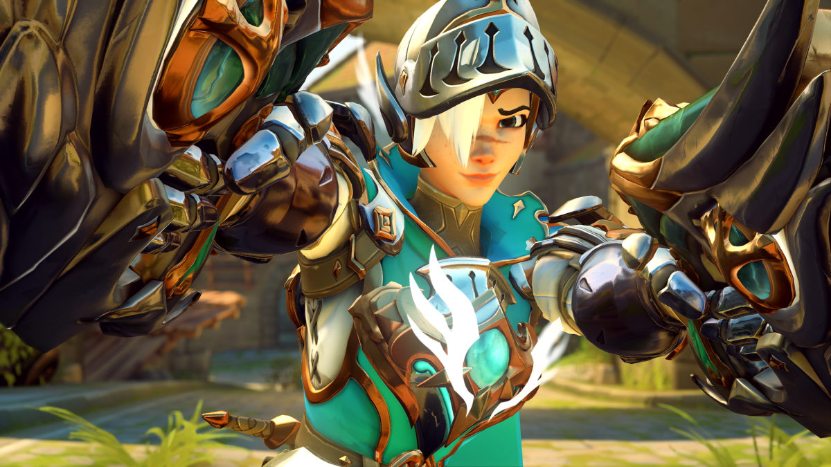 A close up of Tracer in her fully decked out Mythic Adventurer skin.