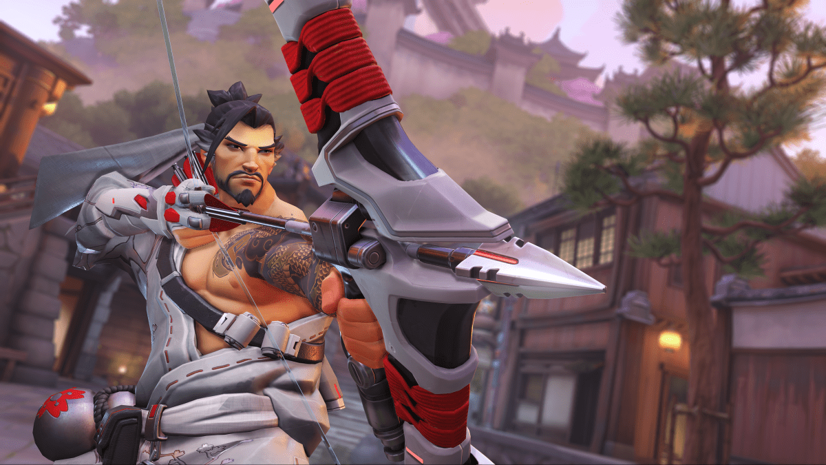 Hanzo looks angrily while drawing his bow.