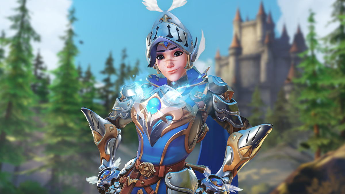 Tracer wearing the plate armor version of her Mythic Adventurer skin in its blue colorway.