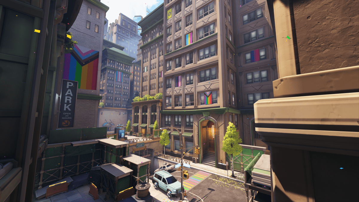 Overwatch 2's hybrid map Midtown displays numerous different specific LGBTQ+ pride flags throughout the second point.