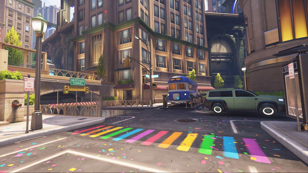Overwatch 2's hybrid map Midtown with rainbow-colored Pride decorations.