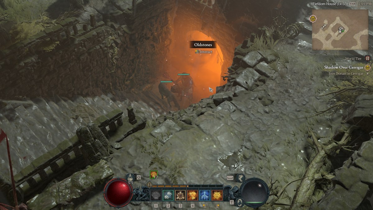A Druid standing outside the entrance of the Oldstone dungeon in Diablo 4