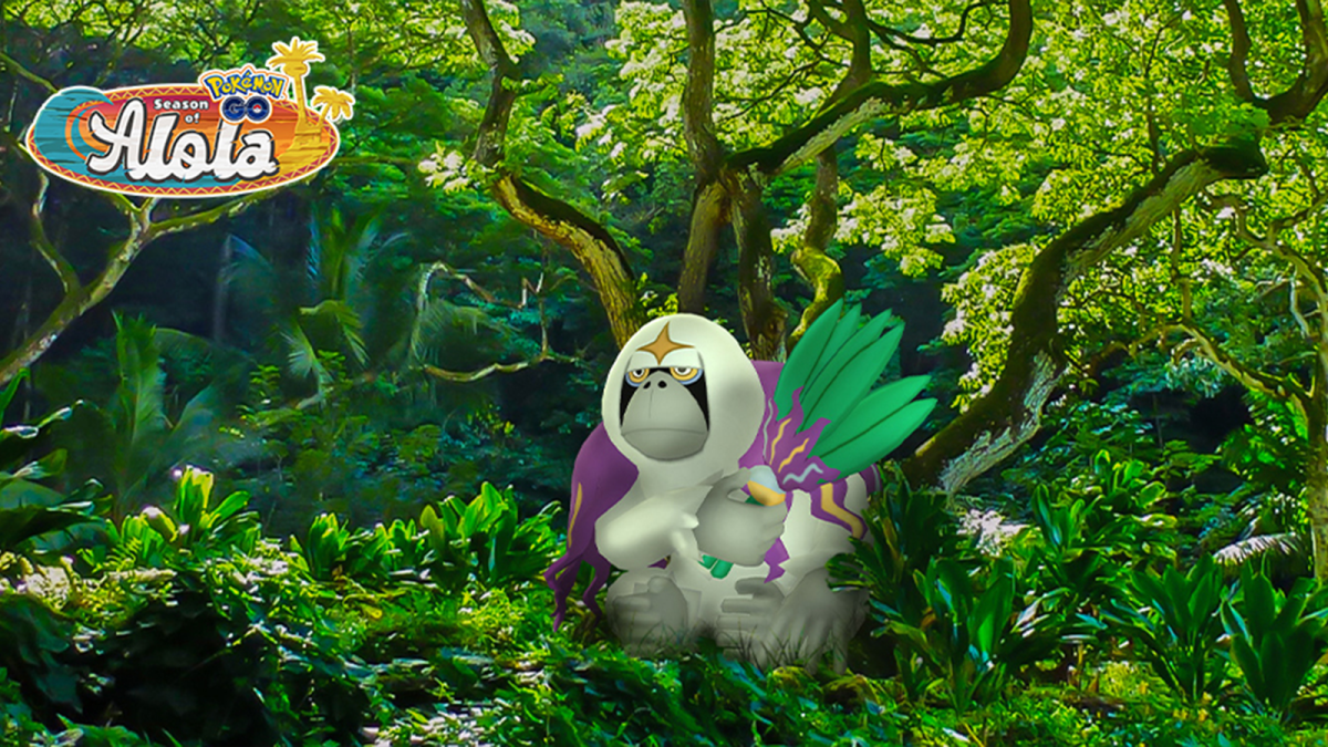 An image of the Pokémon Oranguru sitting within a forest.