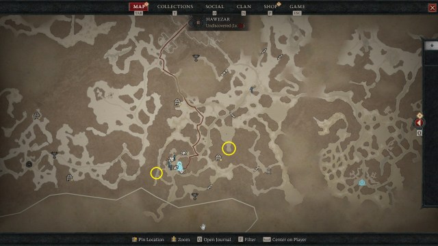 A Diablo 4 map screenshot with yellow circles showing the exact locations of the Hermit's Abode and the Disturbed Grave cellars in Dobrev Taiga.