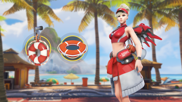 Mercy in her red and white Legendary Lifeguard skin, next to her Lifebuoy spray and weapon charm.