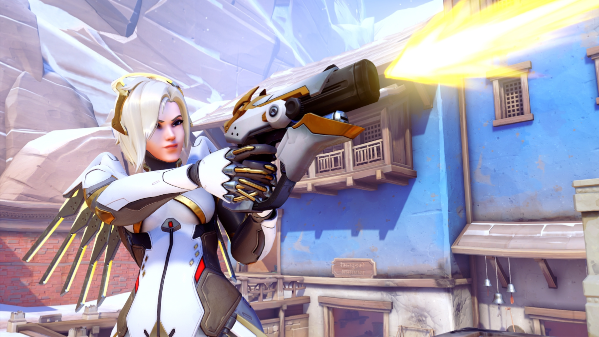Mercy shooting her Caduceus Blaster on the Village section of the control map Nepal.