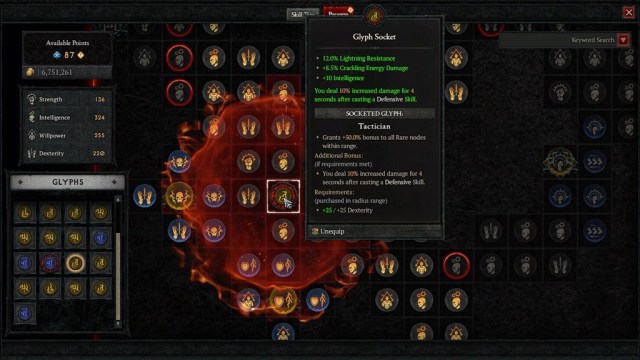A Glyph Socket in Diablo4 providing a variety of bonuses.