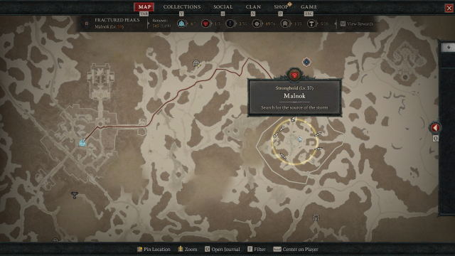 A Diablo 4 map screenshot showing the path from Kyovashad to Malnok