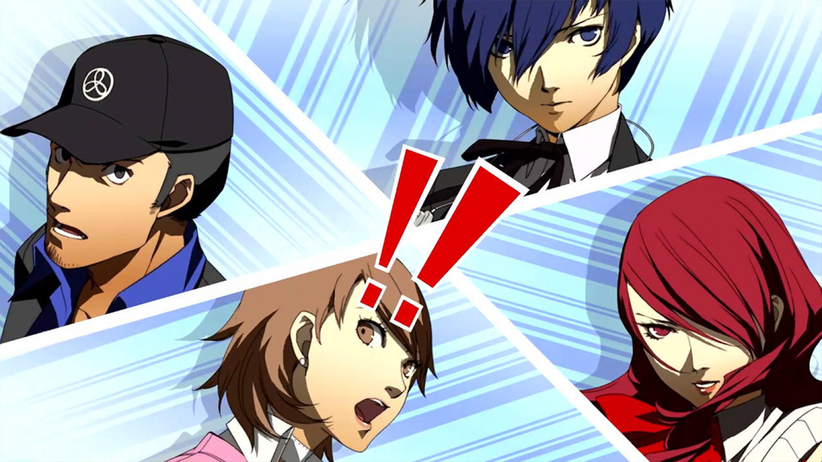Persona 3 characters reacting to something on the screen.