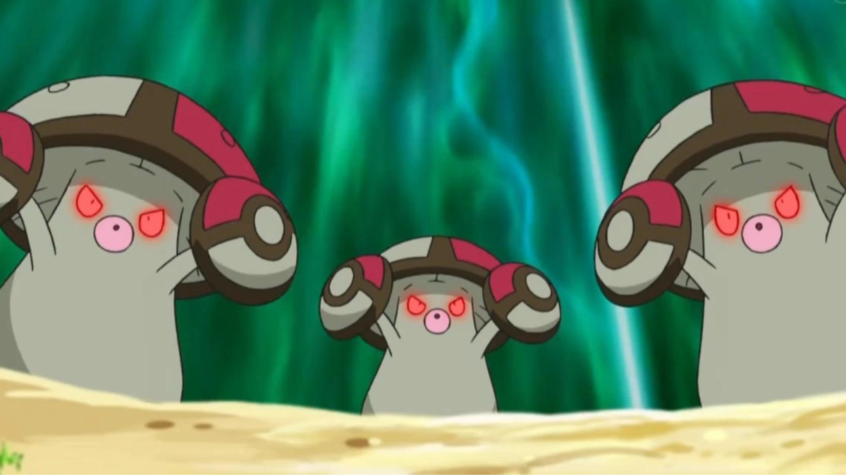 Three Amoonguss with red glowing eyes in the Pokémon anime.
