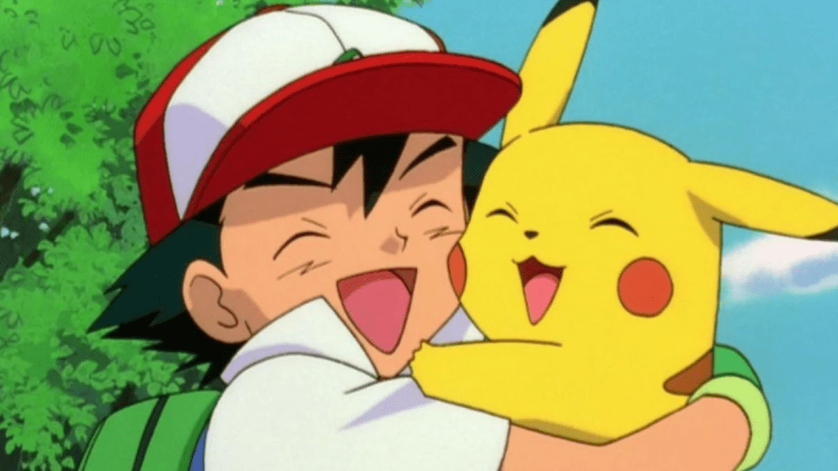 Ash and Pikachu hugging in the Pokémon anime.