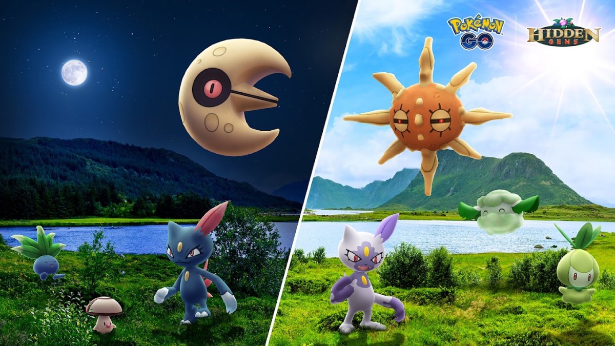 An image of Pokémon featured in Pokémon Go's Solstice Horizons event, split into dayu and night. The left half of the image depicts the nighttime with Lunatone, Oddish, Foongus, and Johtonian Sneasel. The right side of the image depicts the daytime, featuring Solrock, Cottonee, Petilil, and Hisuian Sneasel.
