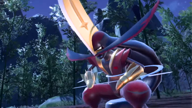 A Kingambit prepares to attack in a forest in Pokémon Scarlet and Violet.