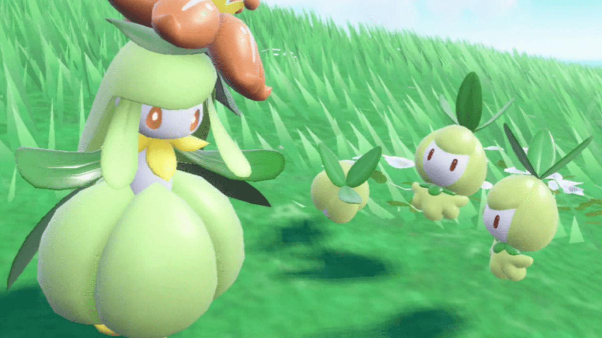 Lilligant and Petilil in a grassy field in Pokémon Scarlet and Violet.