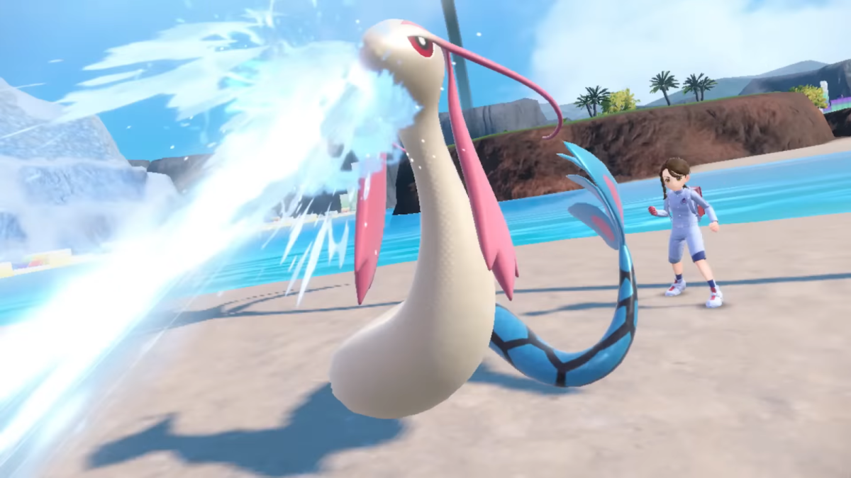Milotic using a Water-type attack in Pokémon Scarlet and Violet.