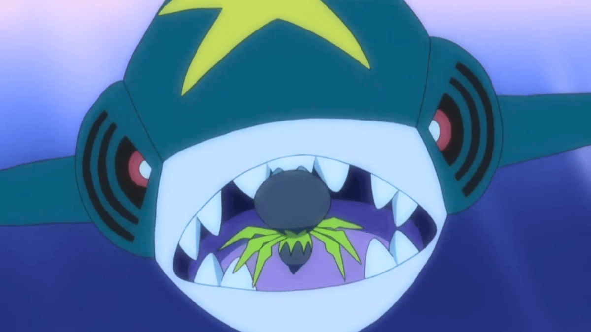 Sharpedo swimming with something in its fangs in the Pokémon anime.