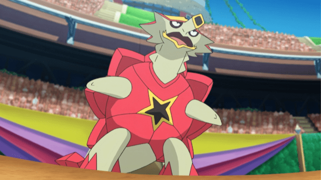 Turtonator ready to battle in a stadium in the Pokémon anime.