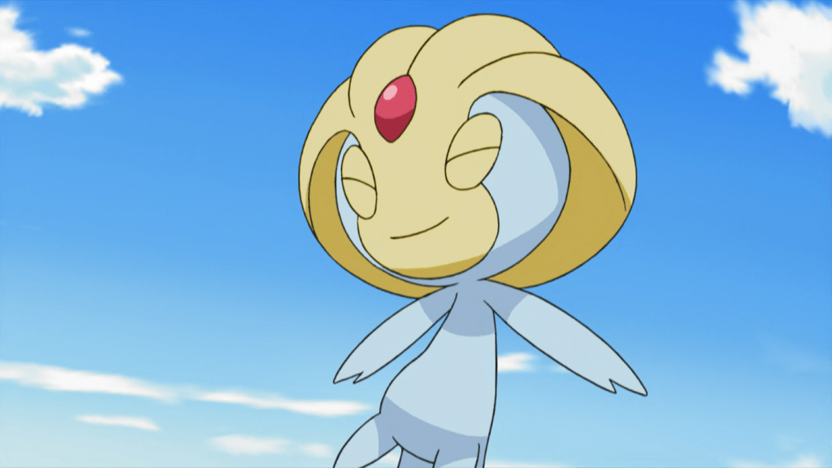 Uxie smiling and floating in the air in the Pokémon anime.