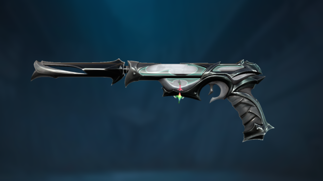 The Reaver Ghost pistol in VALORANT: a black and grey sharp edged pistol with a faint green glow.