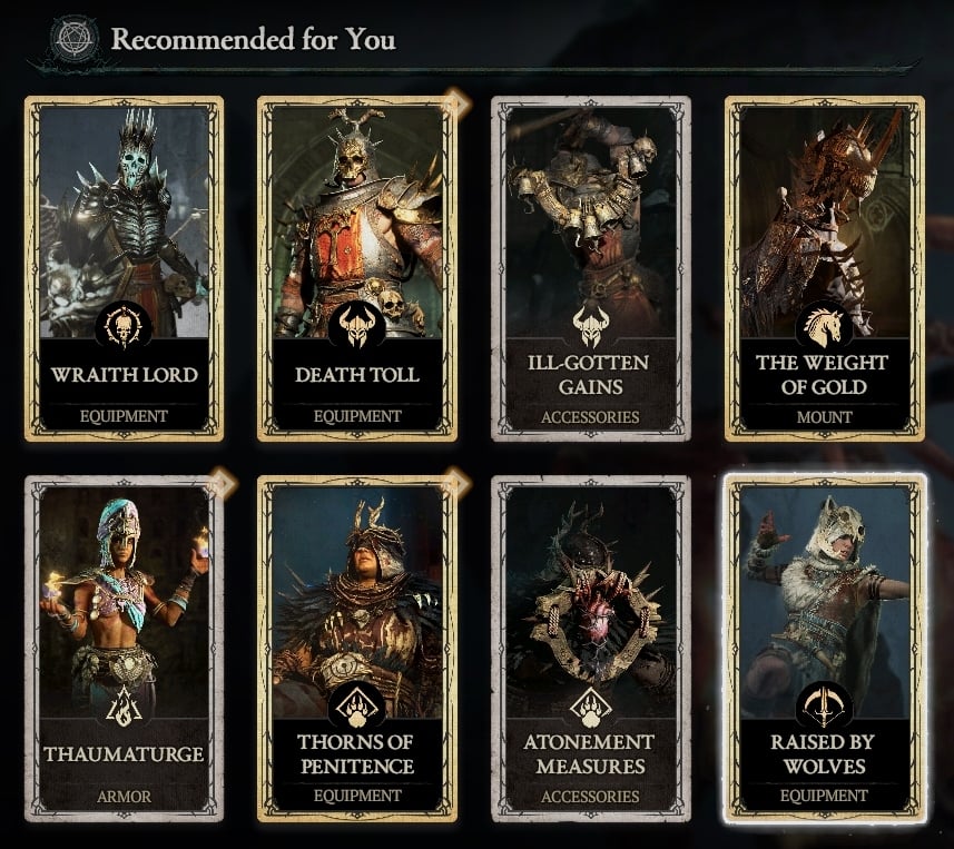 The 'Recommended for You' section on Diablo 4 showing a variety of cosmetics available to purchase.