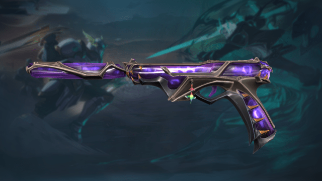 The Ruination Ghost pistol in VALORANT. A purple and yellow effect with a mystical shimmer all over the pistol.