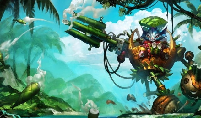 Rumble sits in his jungle-like machine and shoots his rockets.