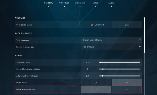 VALORANT Settings menu, showing the options under General Tab, including the Raw Input Buffer option. 