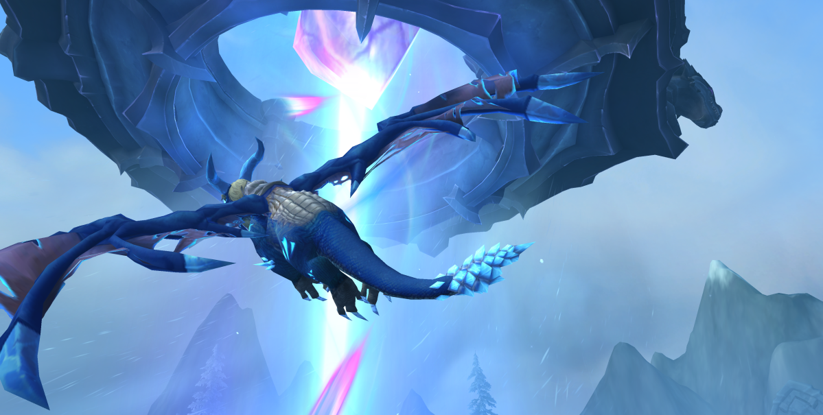 Senegos, a Blue Dragon in World of Warcraft, flies to the top of the Azure Archives on the Dragon Isles