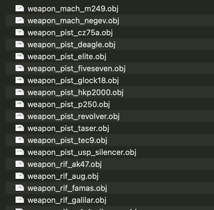 A screenshot of a zip file containing weapon models. 