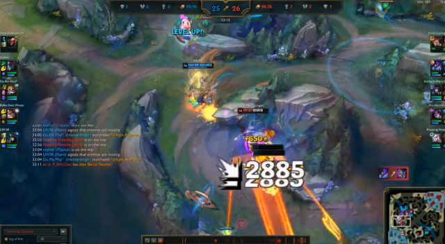 A Sett player uses Haymaker (W) to one-shot two players and get a double kill near the wolf camp in League of Legends. 