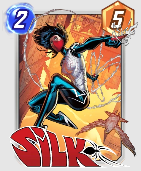 The Marvel Snap card featuring character Silk swinging in via a web wearing a red face mask in Marvel Snap, while a bird flies past nearby.
