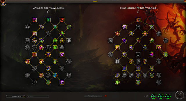 A screenshot of the Demonology Warlock talent panel in World of Warcraft. Talents such as Nether Portal, Fel Sunder, and Demonic Strength have been selected, among others.