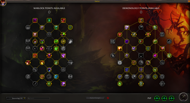 A screenshot of the Demonology Warlock talent panel in World of Warcraft. Talents such as Nether Portal, Fel Sunder, and Demonic Strength have been selected, among others.