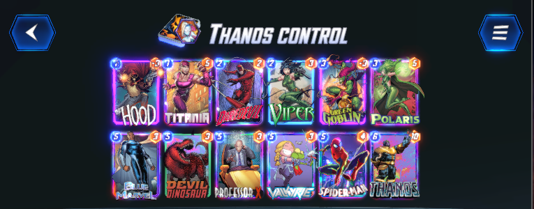 Marvel Snap deck consisting of The Hood, Titania, Daredevil, Viper, Green Goblin, Polaris, Blue Marvel, Devil Dinosaur, Professor X, Valkyrie, Spider-Man, and Thanos. 