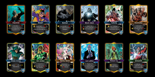 DC Dual Force Leaders - Aquaman, Batgirl, Batman, Black Adam, Cyborg, Doomsday, Green Arrow, Hal Jordan/Green Lantern, Harley Quinn, Lex Luthor, Poison Ivy, and Shazam.