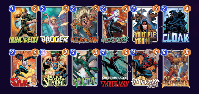 Marvel Snap deck consisting of Iron Fist, Dagger, Kraven, Ghost-Spider, Multiple Man, Cloak, Silk, Doctor Strange, Vulture, Miles Morales, Spider-Man 2099, and Heimdall.