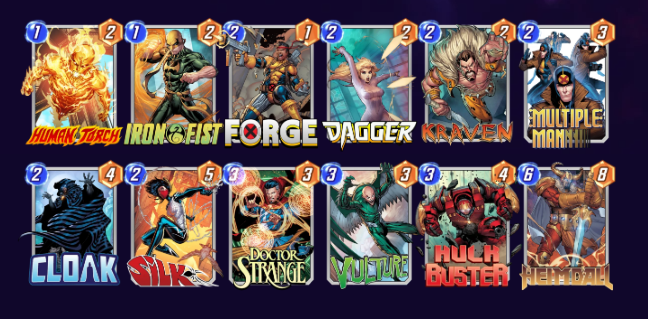 Marvel Snap deck consisting of Human Torch, Iron Fist, Forge, Dagger, Kraven, Ghost-Spider, Multiple Man, Cloak, Silk, Doctor Strange, Vulture, Hulk Buster, and Heimdall.