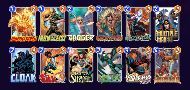 Marvel Snap deck consisting of Human Torch, Iron Fist, Dagger, Kraven, Ghost-Spider, Multiple Man, Cloak, Sillk, Doctor Strange, Vulture, Spider-Man 2099, and Heimdall. 