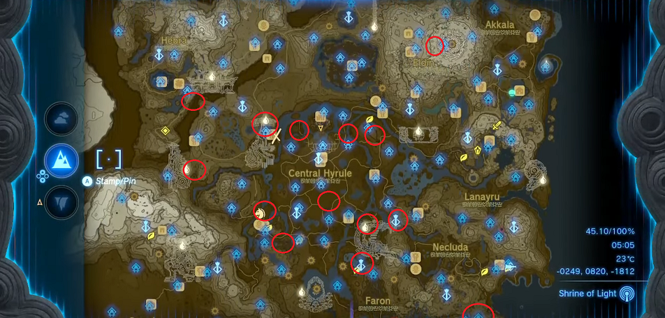 Image of Tears of the Kingdom map with red circles marking the 15 known Battle Talus locations.