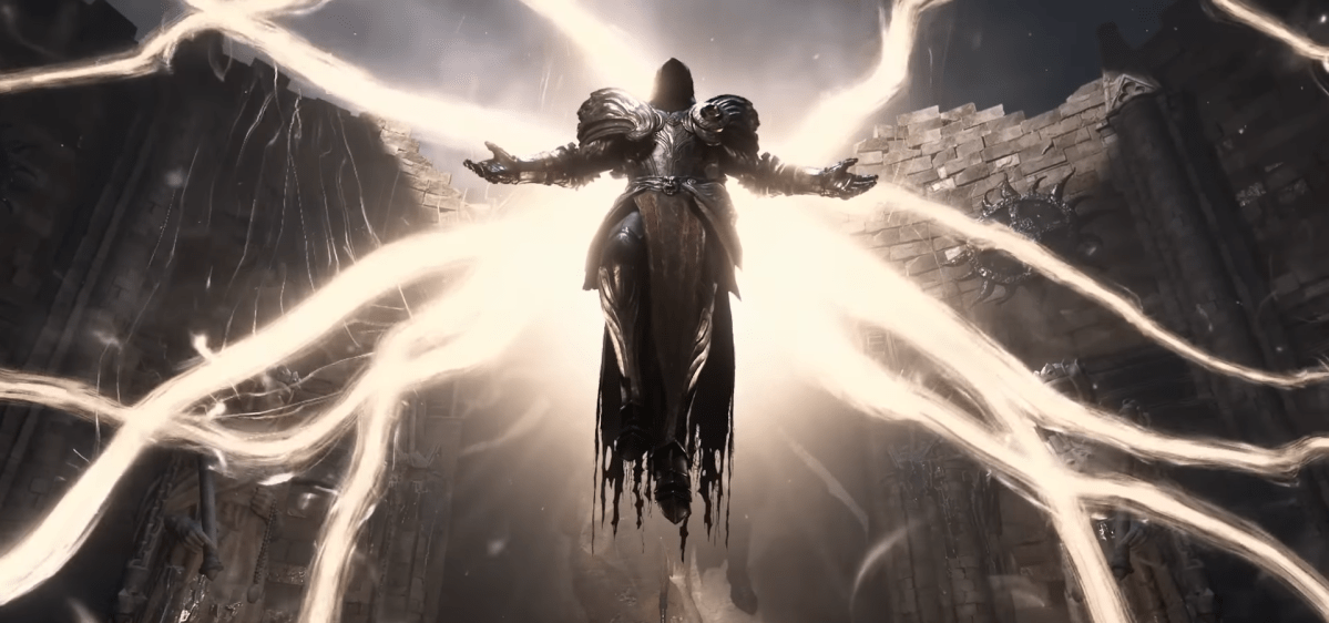 An angel from Diablo 4 floats in the air with tendrils of light reaching out from his body in every direction.
