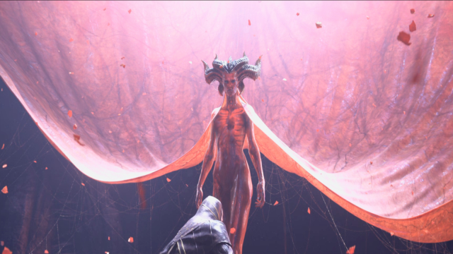 Lilith, the main force of evil in Diablo 4, towers over a figure.
