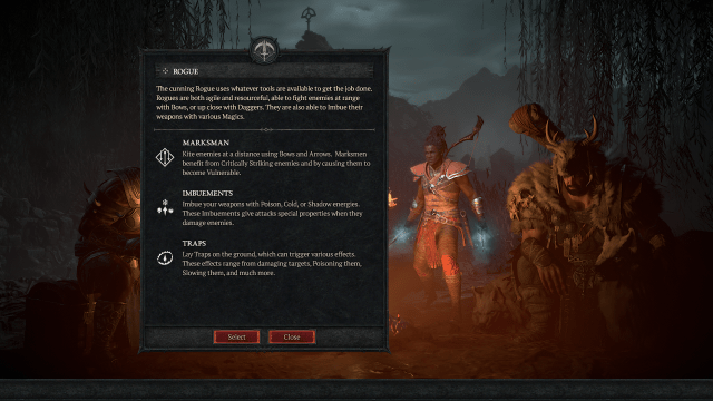 The Diablo 4 character selector screen detailing the gameplay characteristics of the Rogue.