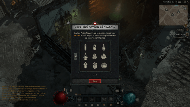A screen showing potion upgrades in Diablo 4 and how to unlock them.